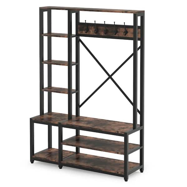 TRIBESIGNS WAY TO ORIGIN Billie Rustic Brown Wood Hall Tree with Side Storage Shelves for Entryway Living Room Bedroom