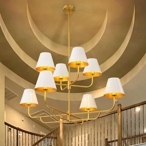 RRTYO Olive 8-Light Modern White 2-Tiered Oversized Chandelier Cone Sputnik Cluster Branch Chandelier with Cone Metal Shade