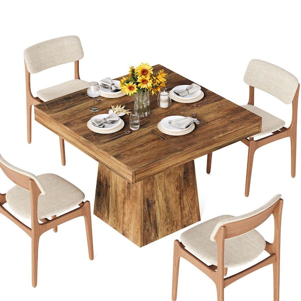 Delilah Modern Light Brown Wood 31.5 in. Dining Table Pedestal Square Kitchen Dining Table Seats-4 Farmhouse