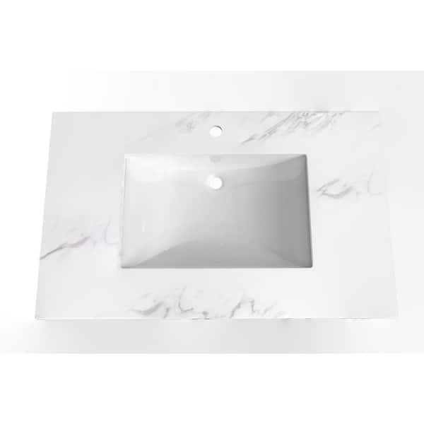 castellousa Monica 36 in. W x 22 in. D Porcelain Vanity Top in Faux White Marble with Center Basin