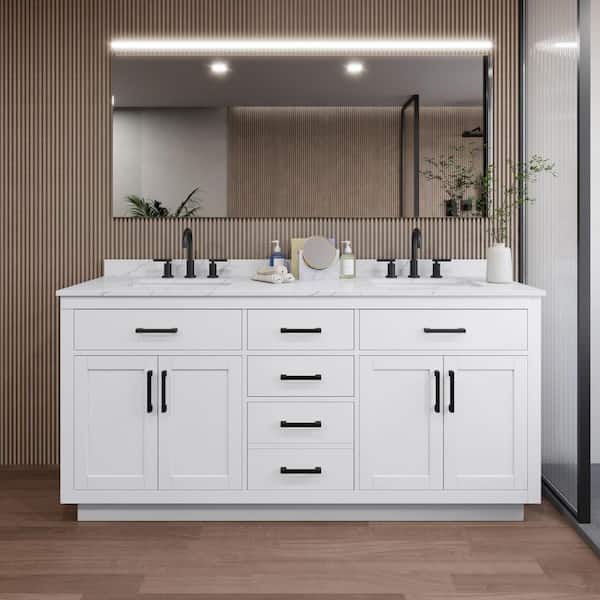 Wyndham Collection Beckett TK 72 in. W x 22 in. D x 35 in. H Double Sink Bath Vanity in White with Matte Black Trim Giotto Quartz Top