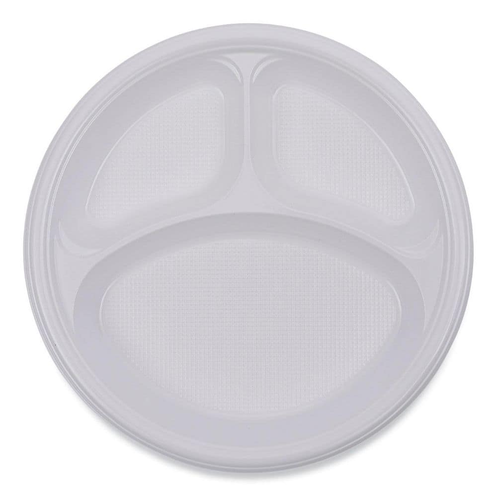 White 10-Inch Round Plastic Plate with 3 Compartments