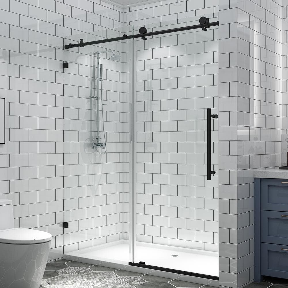 CASAINC 60 in. W x 74 in. H Sliding Semi Frameless Shower Door in Black with Handle BP05P2MB