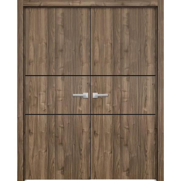 Sartodoors 60 in. x 80 in. 2 Panel Walnut Finished Solid Wood with Honeycomb Sliding Door with Hardware
