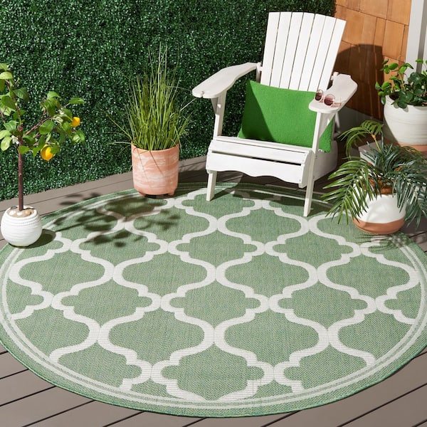 Bermuda Green/Beige 7 ft. x 7 ft. Machine Washable Border Trellis Indoor/Outdoor Round Area Rug