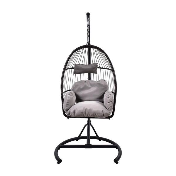 URTR 1-Person Patio Swing Chair, Indoor & Outdoor PE Wicker Porch Swing Hammock Egg Chair with Iron Stand & Gray Cushion