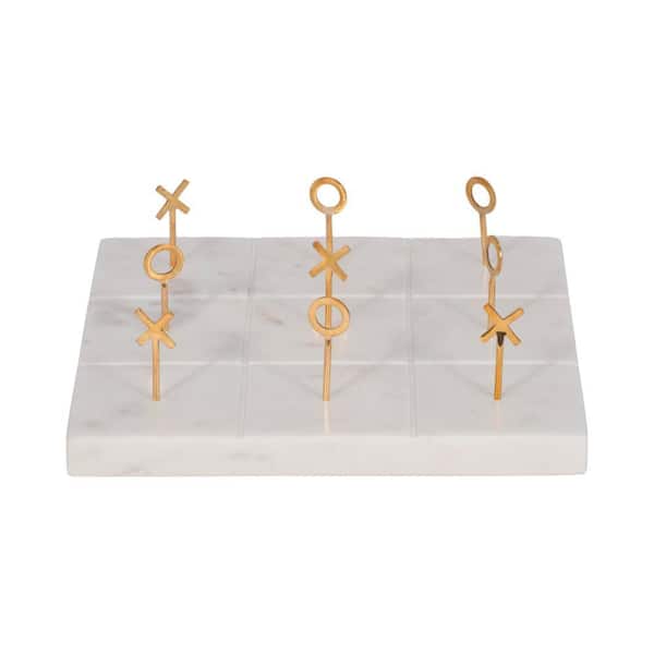 Liv & Skye White 3 in. x 9 in. Stone and Brass Bohemian Tic Tac Toe Game Set