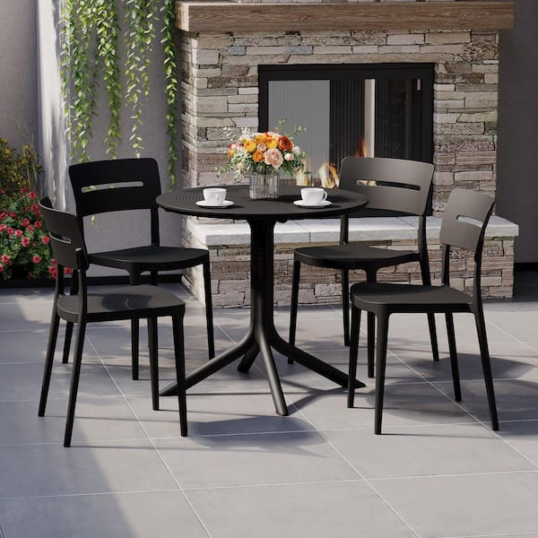 Frond and Form Modern Outdoor Patio Poly Plastic 5-Piece Round Table Dining Set w/ 4 Stackable Chairs in Black