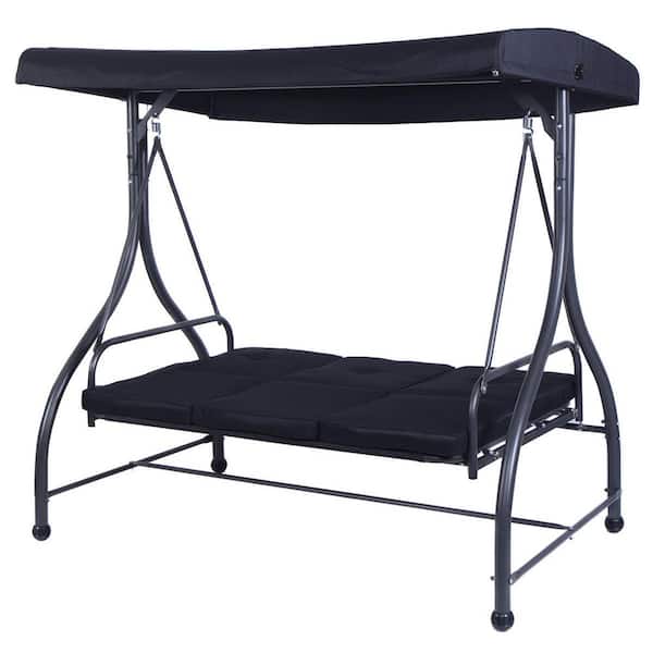 Unbranded 3-Person Metal Outdoor Patio Swing Hammock with Adjustable Tilt Canopy and Black Cushions