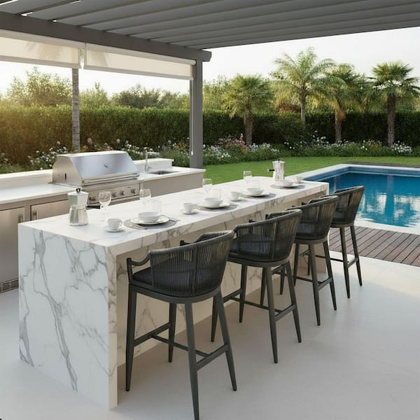 Modern Patio Wicker Metal Outdoor Bar Stool with Cushion, Backs and Ergonomic Armrest Balcony Garden Kitchen(4-Pack)