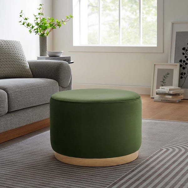 Tilden Large 23 in. Round Performance Velvet Upholstered Ottoman in Moss Green Natural
