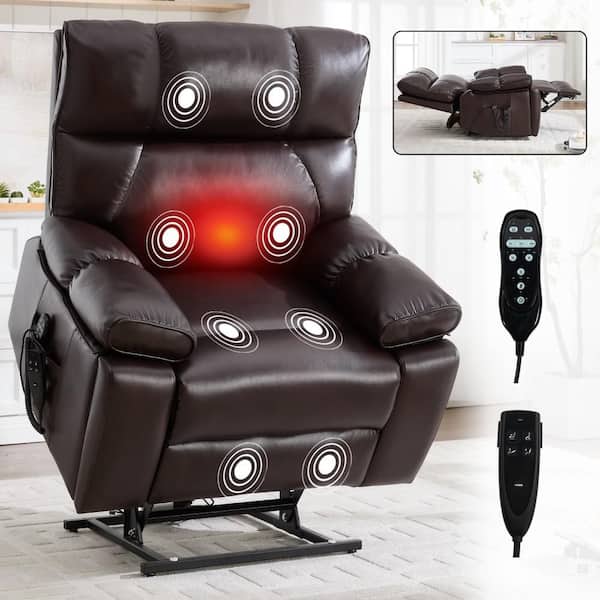 Dark Brown Leatheraire Heat Massage Dual Motor Infinite Position Power Lift Recliners with Hidden Cup Holders