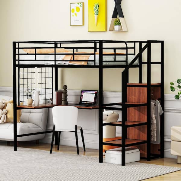 Harper & Bright Designs Black Twin Size Metal Loft Bed with Built-in Desk, Metal Grid, Wardrobe and Lateral Storage Staircase
