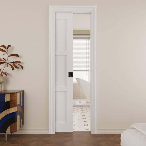 24 in. x 80 in. Paneled 3-Lite White Primed MDF Pocket Sliding Door W/ Hardware Kit (Soft Close and Black Lock Included)