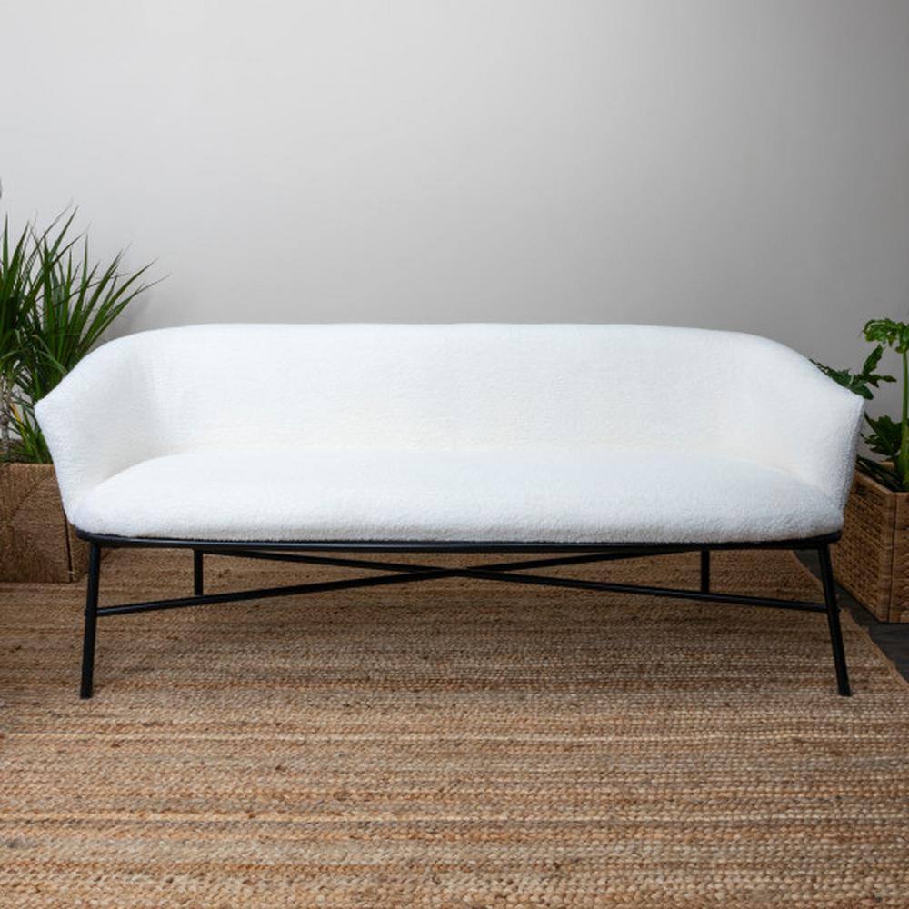 Bowery 66" White Boucle Upholstered Sofa Bench with Black Metal Frame