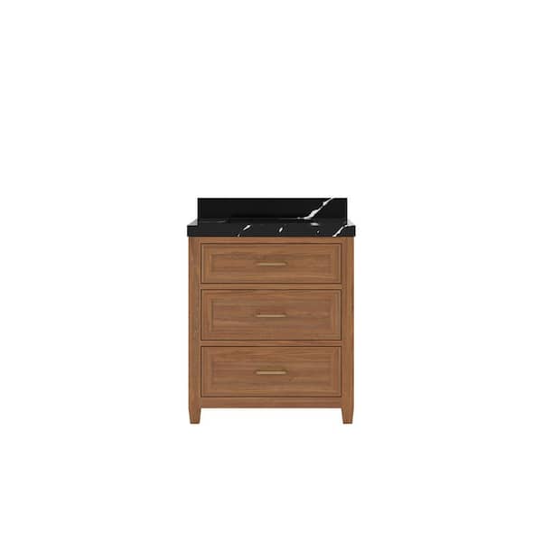 Willow Collections Santa Monica 30 in. W x 22 in. D x 36 in. H Single Sink Bath Vanity in Dark Natural with 2 in. Calacatta Black Qt. Top