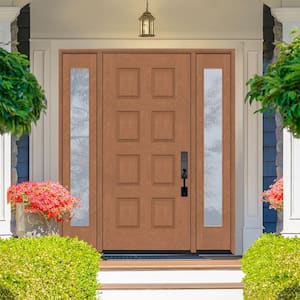 Regency 70 in. x 96 in. 8-Panel LHIS AutumnWheat Stain Mahogany Fiberglass Prehung Front Door with Dbl 12in. Sidelites
