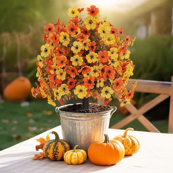 Artificial Fall Topiary Flower Tree 2 Pack Orange Yellow UV