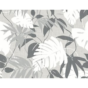 Tropical Forest Leaves Grey, DarkGreyandWhite PaperandYarn Non-Pasted Wet Removable Wallpaper Roll (Cover 60.75 sq. ft.)