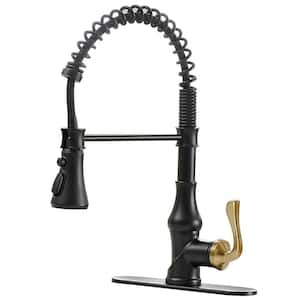 Single-Handle Pull-Down Sprayer 3 Spray High Arc Kitchen Faucet With Deck Plate in Matte Black & Gold