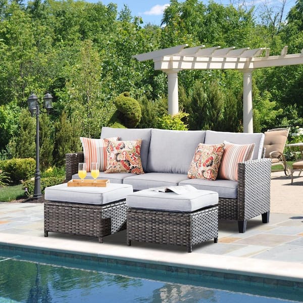 Andes Gray Wicker Outdoor Couch Patio Sofa with Gray Cushions and Ottoman