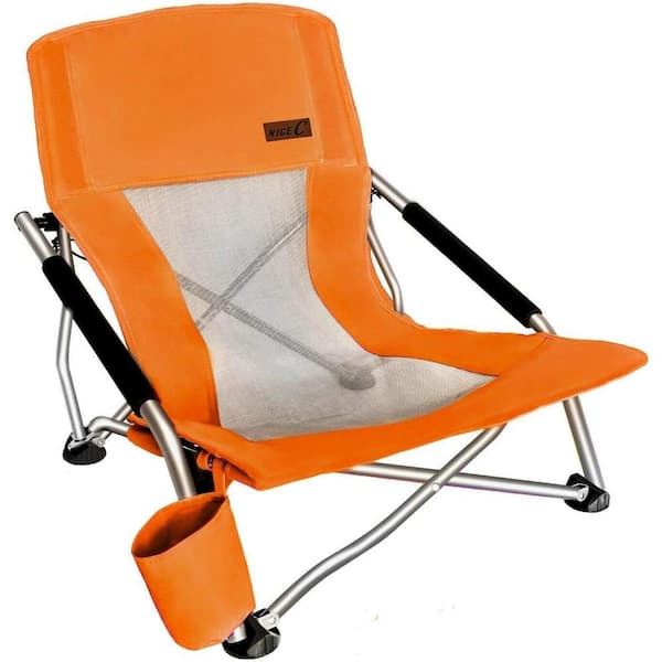 NICE C Beach Chair for Adults, Low Beach Camping, Folding Chair, Shoulder Strap, Cup Holder, Steel Frame 300 lbs. (Orange 1-Pk)