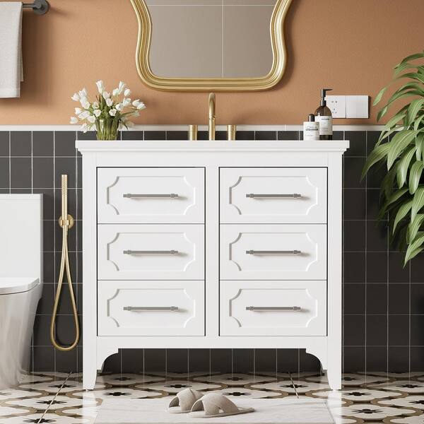 Qualler 36 in. W x 18 in. D x 34 in. H Single Sink Freestanding Bath Vanity in White with White Resin Top