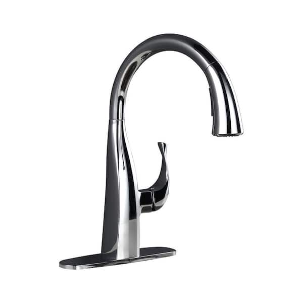 VEVETTA 16 in. Single Handle Gooseneck 360° Swivel Pull-down Sprayer Kitchen Faucet with Deck Plate in Polished Chrome