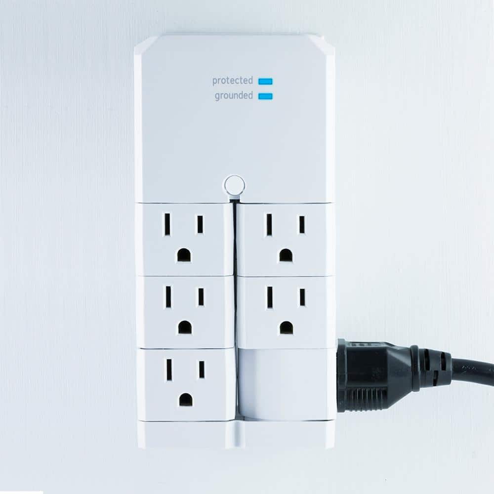 White 6-Outlet Swivel Wall Tap Surge Protector with USB Ports