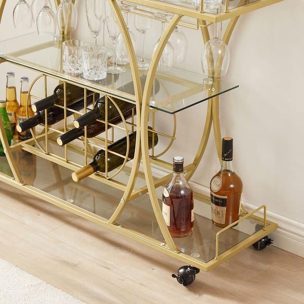 Zeus & Ruta 4-Bottle Gold 3-Glass Shelves Serving Trolley Bar Cart
