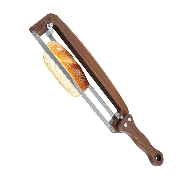 Adjustable Walnut Handle Bread Knife for Sourdough and Baguette with Thickness Guide Ergonomic Ambidextrous Use