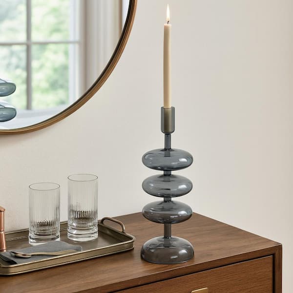 Liv & Skye Blue 13 in. Glass Retro Bubble Taper Candle Holder