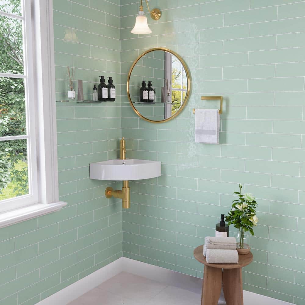 White Ceramic Wall-Mount Corner Bathroom Sink with Faucet Hole