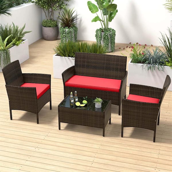 4-Piece Metal Rattan Patio Conversation Set with Red Cushions