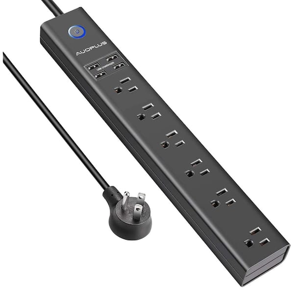 15 ft. Flat Plug Surge Protector Power Strip, Long Extension Cord with 6 Widely AC Outlets, 4-USB Ports for Home, Black
