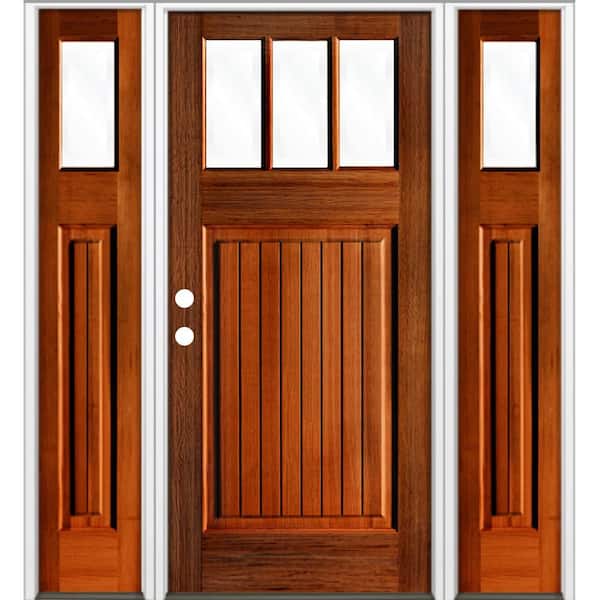 Krosswood Doors 64 in. x 80 in. Craftsman 3-Lite Clear Glass VG Red Chestnut Stain Right Hand Hemlock Wood Prehung Front Door w/DSL
