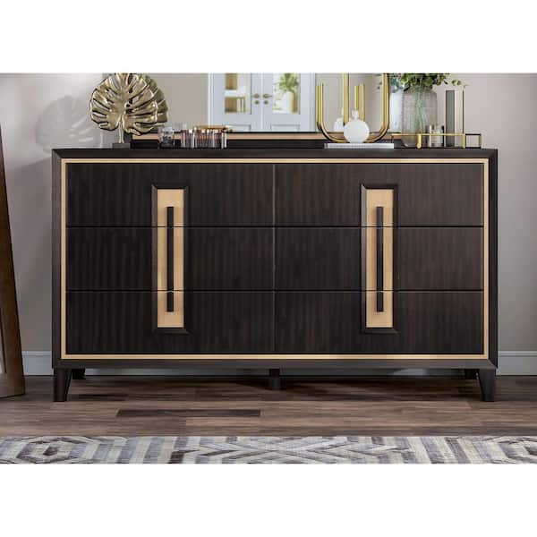 Furniture of America Demi Espresso 6-Drawer 64 in. Dresser with Gold Accent Trim