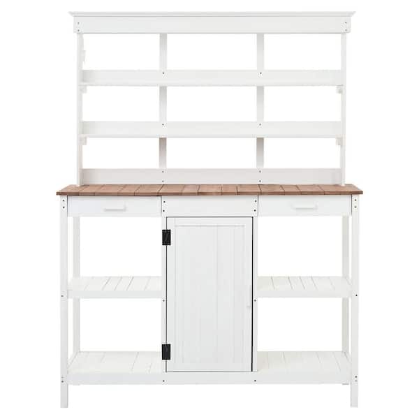 50.2 in. W x 66 in. H White Farmhouse Wooden Potting Bench Table with 2 Drawers and Open Shelves