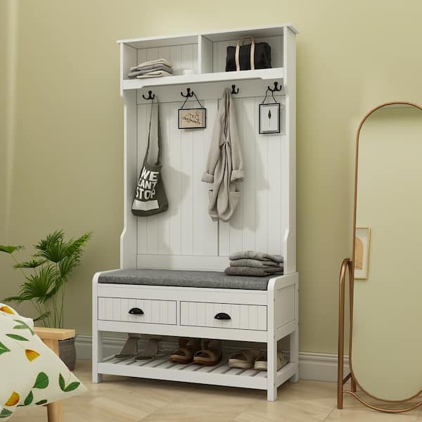 FUFU GAGA 68.5 in. White Wood 3 in 1 Hall Tree Coat Rack Storage Bench with 4 Metal Double Hooks and 2 Drawers Shelves KF020217 01 The Home Depot