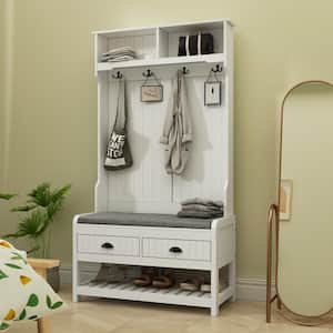 68.5 in. White Wood 3-in-1 Hall Tree Coat Rack Storage Bench with 4-Metal Double Hooks and 2-Drawers, Shelves