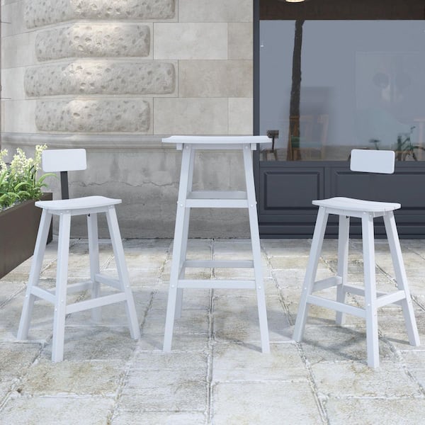 Zeus & Ruta 3-Pieces White Outdoor Bistro Set Recycled Plastic HDPE and Steel Square Table, for Garden, Poolside and Backyard