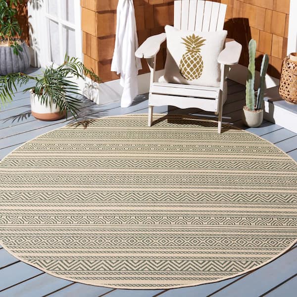 Courtyard Beige/Dark Green 7 ft. x 7 ft. Tribal Striped Indoor/Outdoor Round Area Rug