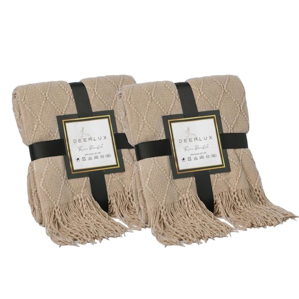 DEERLUX Khaki Diamond Pattern Design (Set of 2) Decorative Knit Throw Blanket, 50 x 60 in, Boasting a Durable Fringe Edges