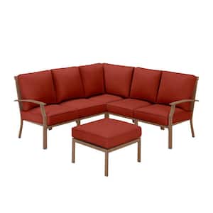 Geneva 6-Piece Brown Wicker Outdoor Patio Sectional Sofa Seating Set with Ottoman and Sunbrella Henna Red Cushions