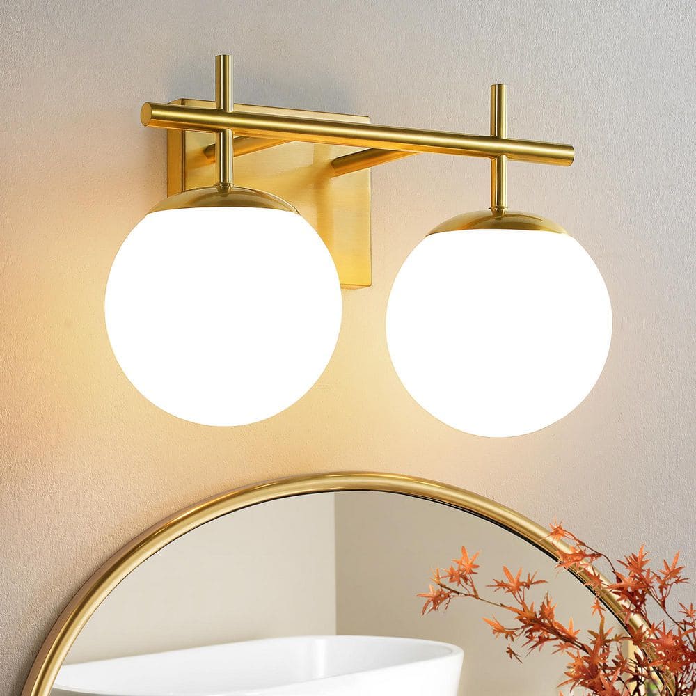 14.17 in. 2-Light Antique Gold Vintage Brass Globe Clear and Frosted Glass Shades Farmhouse Urban Bathroom Vanity Light price history on PriceWatchPro