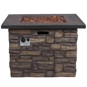 Sevilla Square Outdoor Propane Gas Stone Fire Pit Table with Lava Rock, 34.5 in. Long