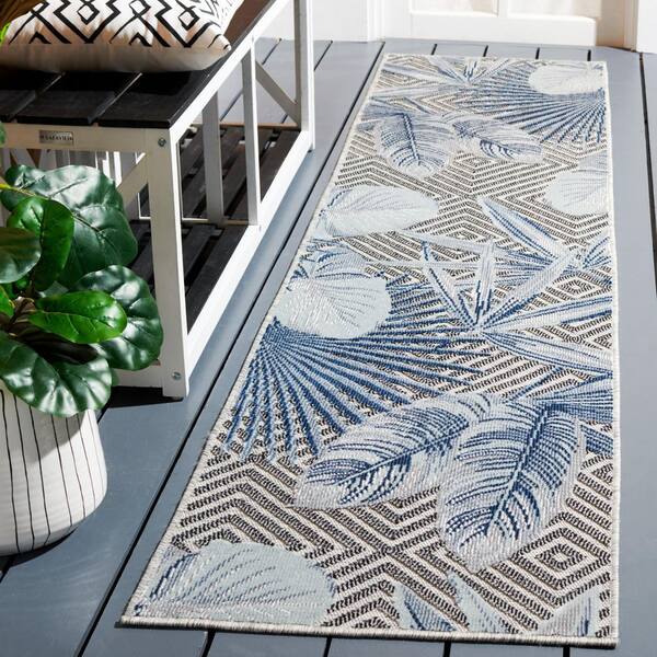 Cabana Ivory/Navy 2 ft. x 10 ft. High-Low Diamond Leaf Indoor/Outdoor Runner Rug