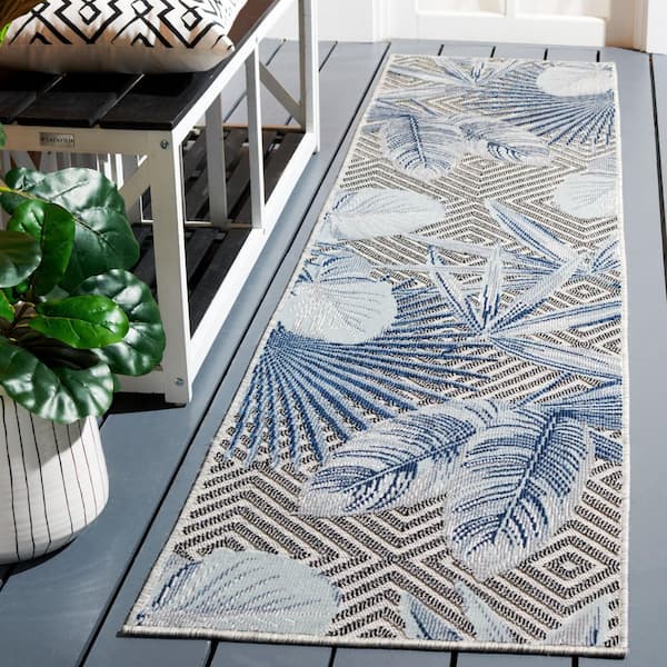 Cabana Ivory/Navy 2 ft. x 9 ft. High-Low Diamond Leaf Indoor/Outdoor Runner Rug