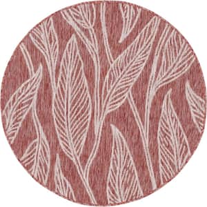 Outdoor Leaf Rust Red 4 ft. Round Area Rug