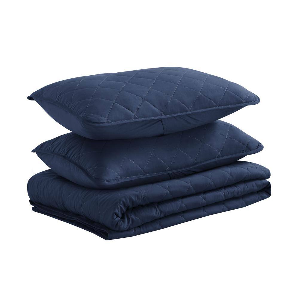 Navy Full Microfiber Diamond-Stitched Reversible Quilt Set